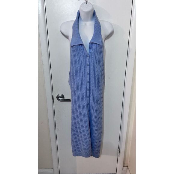 Pink Rose Aster Blue Maxi Halter Sweater Dress Size L New - Picture 2 of 10